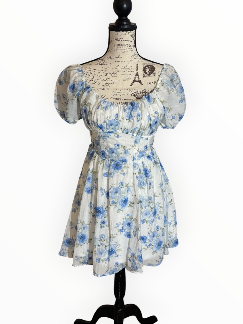 Blu Pepper Blue Floral Puff Sleeve Mini Dress | Size Small